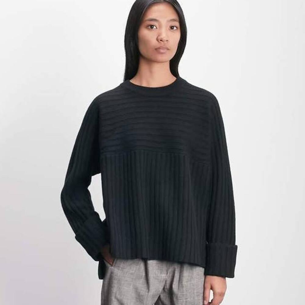 Rocuha Telle Merino Wool Ribbed Cropped Sweater in Navy Blue, Size Large